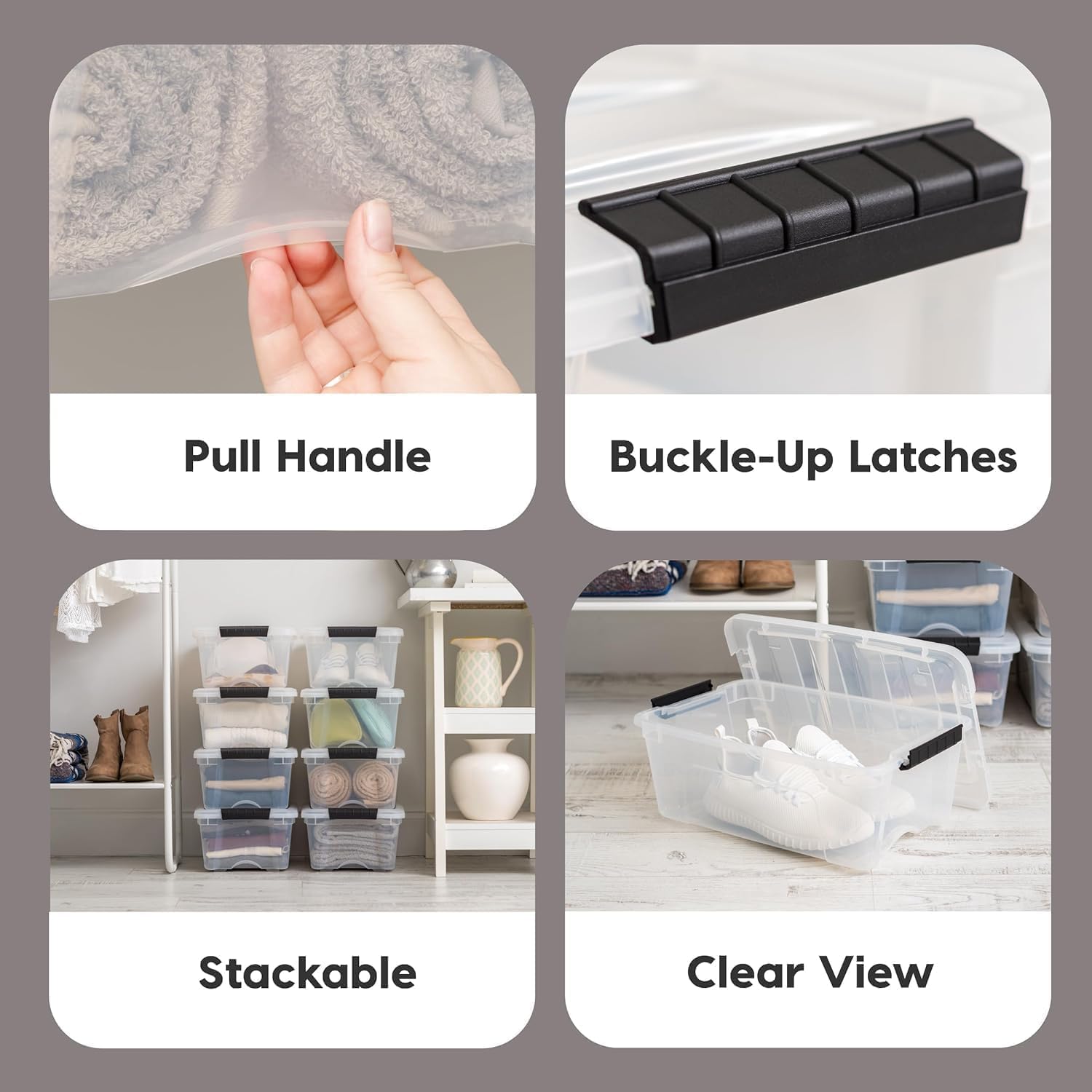 IRIS USA 4-Pack Storage Bins with Lids, 13 Quart, Made in USA Stackable See-Through Organizing Solution Latches Durable Nestable Containers Secure Pull Handle, BPA-Free Plastic - Image 3