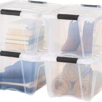 IRIS USA 32 Qt Stackable Plastic Storage Bins with Lids, 4 Pack - BPA-Free, Made in USA - See-Through Organizing Solution, Latches, Durable Nestable Containers, Secure Pull Handle - Clear