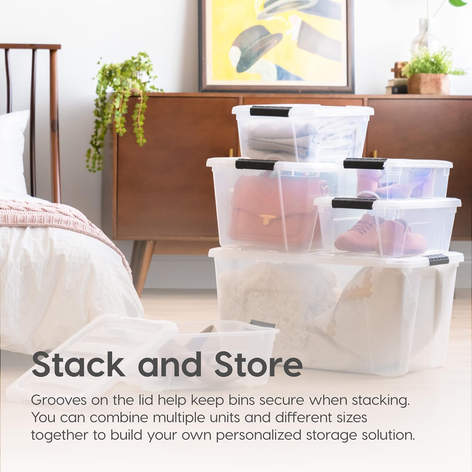 IRIS USA 32 Qt Stackable Plastic Storage Bins with Lids, 4 Pack - BPA-Free, Made in USA - See-Through Organizing Solution, Latches, Durable Nestable Containers, Secure Pull Handle - Clear - Image 5
