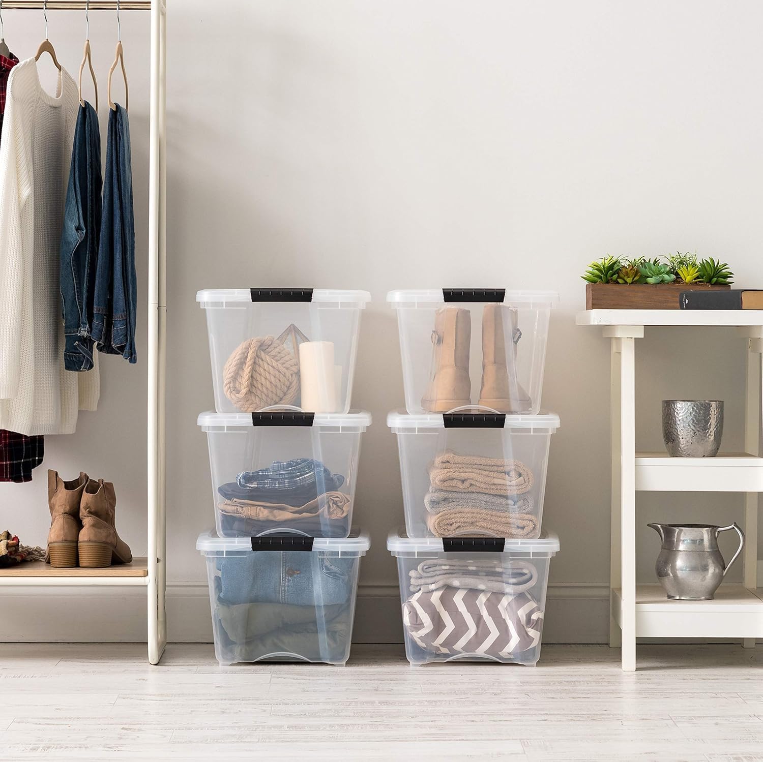 IRIS USA 32 Qt Stackable Plastic Storage Bins with Lids, 4 Pack - BPA-Free, Made in USA - See-Through Organizing Solution, Latches, Durable Nestable Containers, Secure Pull Handle - Clear - Image 7